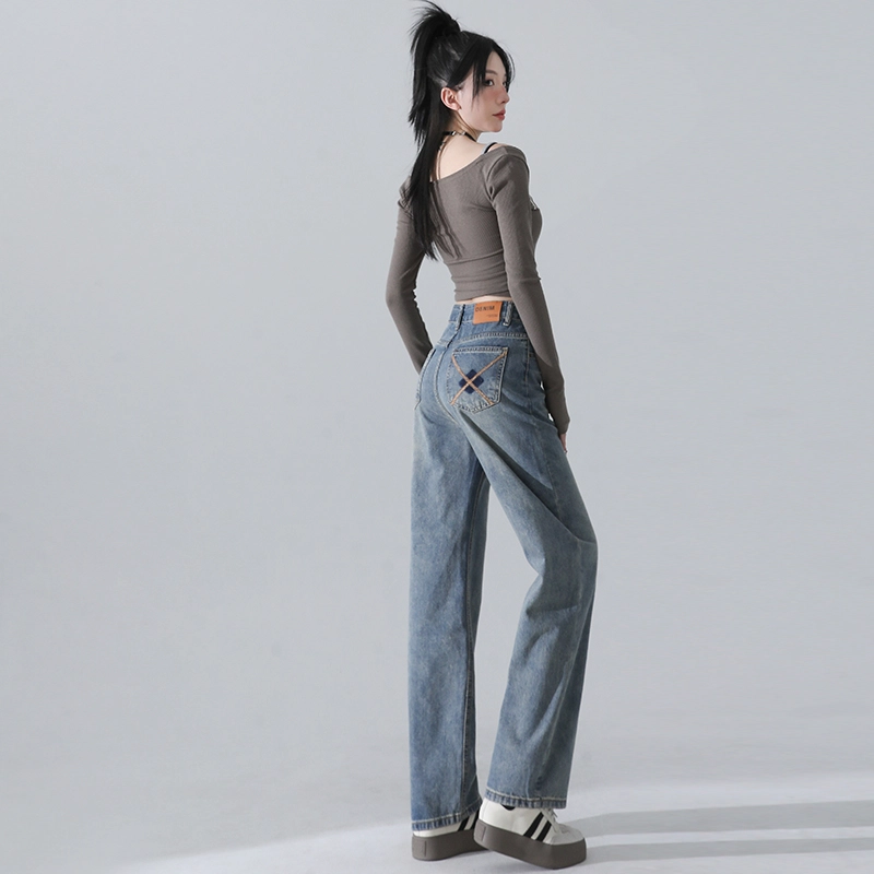 玫丝朵 美式复古做旧高腰宽松直筒阔腿牛仔裤 女款