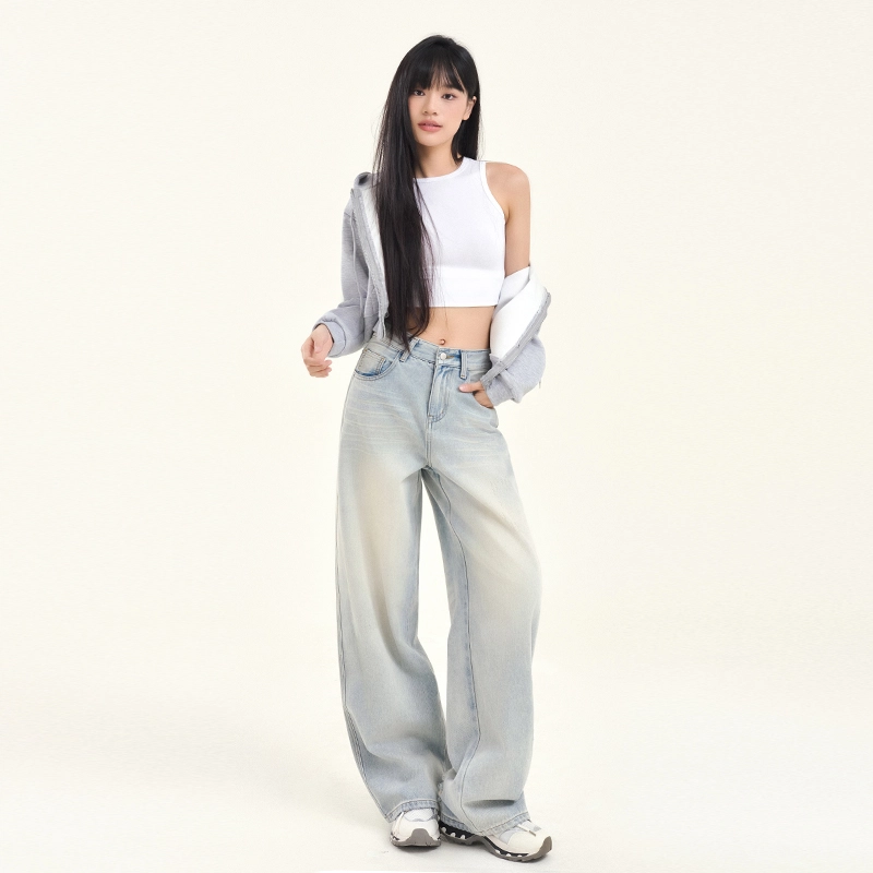 玫丝朵 街头做旧水洗磨破抓痕磨白直筒牛仔裤 女款 浅蓝色