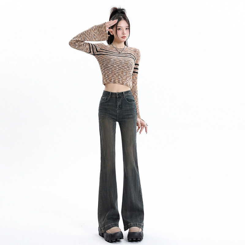 玫丝朵 复古高街做旧猫须设计感微喇拖地牛仔裤 女款