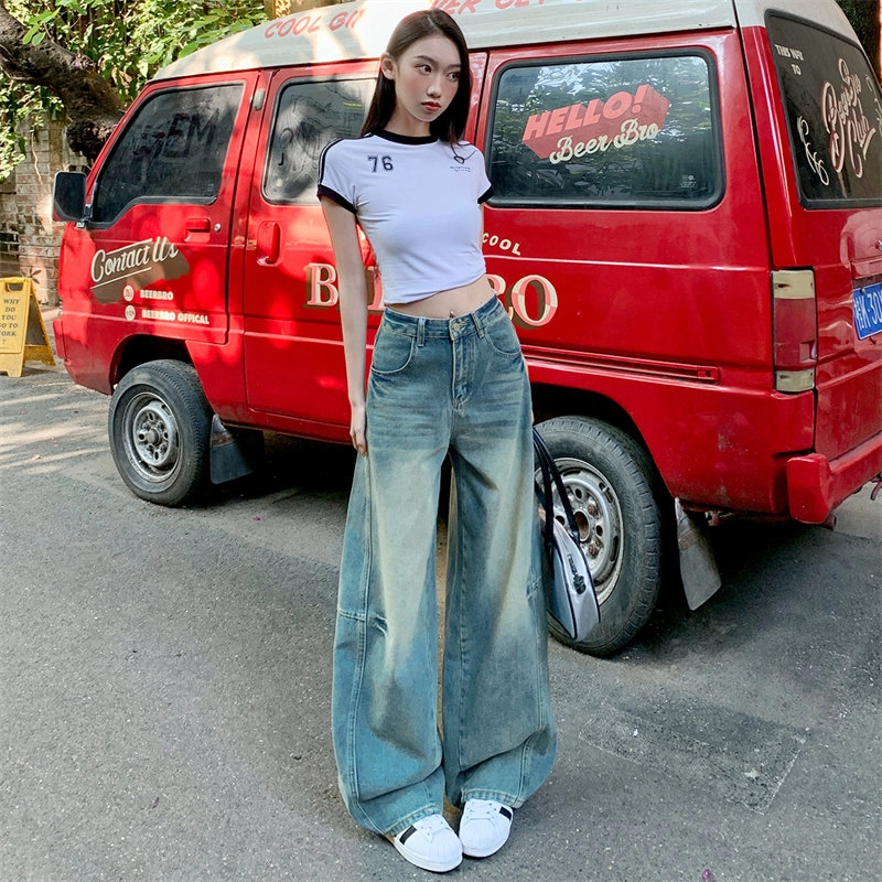 玫丝朵 美式重工拼接扎花宽松弯刀裤慵懒镰刀宽松休闲牛仔裤 女款