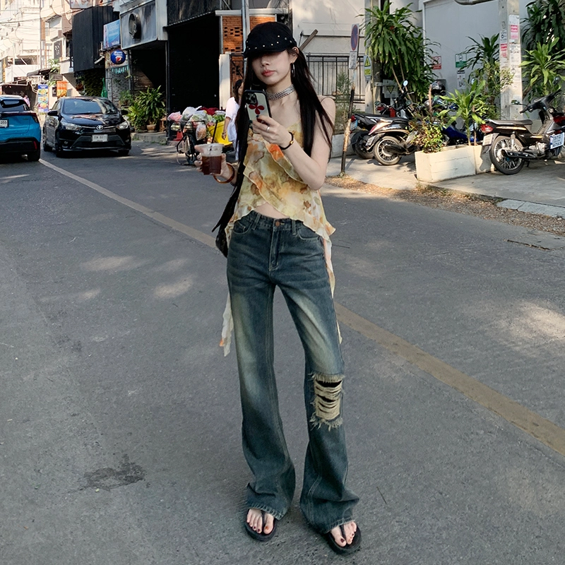 玫丝朵 美式复古酷飒破洞流苏设计时尚百搭喇叭牛仔裤 女款