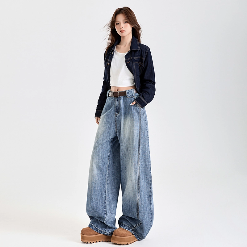 玫丝朵 美式复古宽松百搭直筒阔腿休闲牛仔裤 女款 蓝色