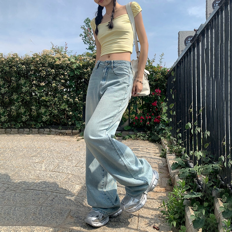玫丝朵 美式复古做旧设计时尚简约百搭宽松直筒垂感裤子女夏季牛仔裤 女款