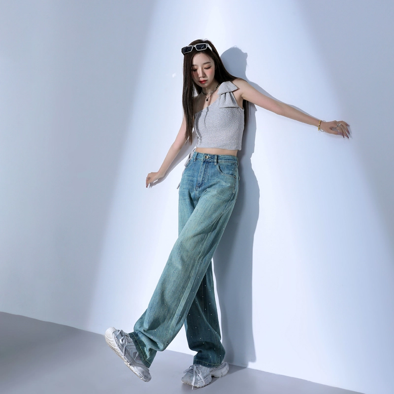 玫丝朵 美式潮流设计时尚百搭宽松阔腿牛仔裤 女款 烫钻孔雀绿