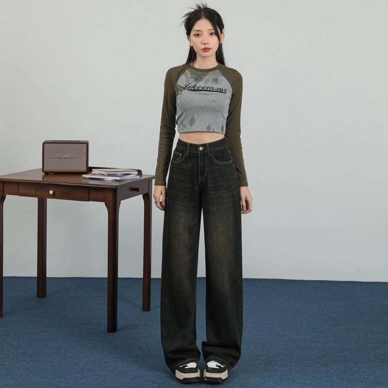 玫丝朵 美式复古高腰宽松直筒牛仔裤 女款