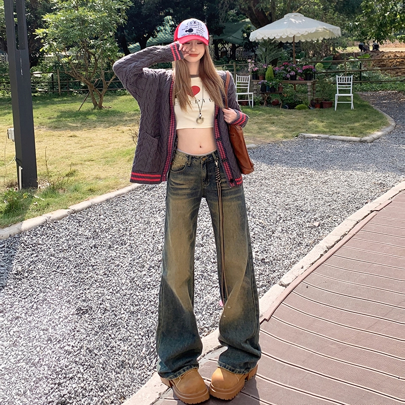 玫丝朵 美式高街直筒复古做旧宽松低腰牛仔裤 女款