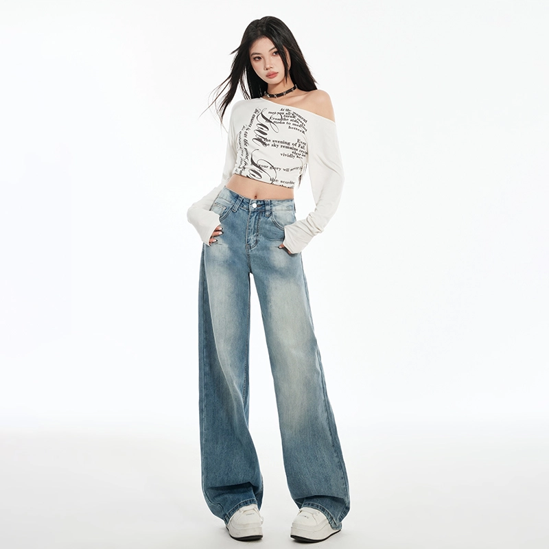 玫丝朵 复古水洗阔腿高腰垂感宽松拖地牛仔裤 女款