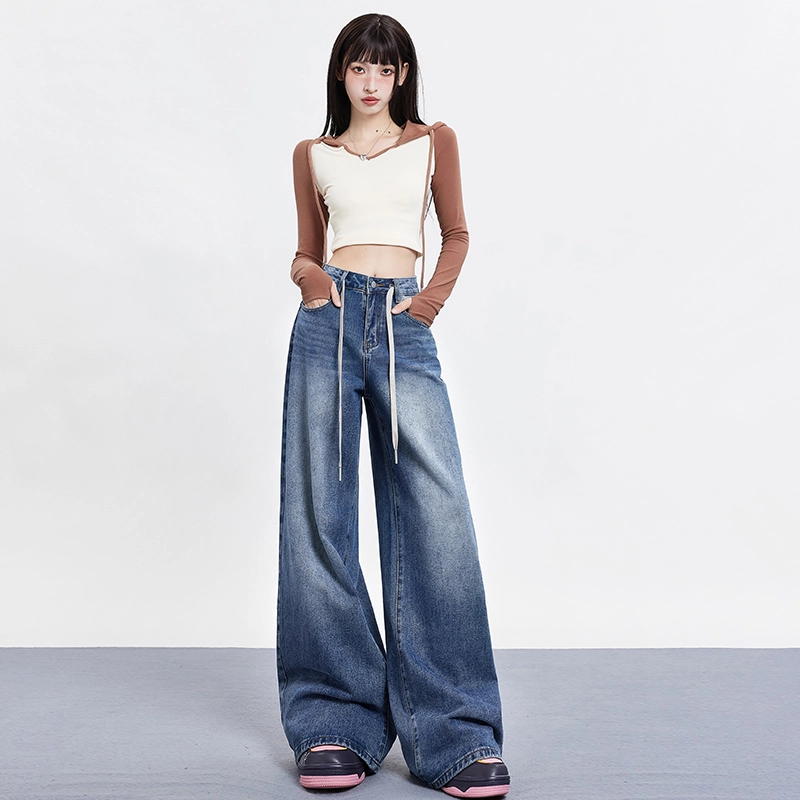 玫丝朵 美式水洗高腰宽松阔腿拖地牛仔裤 女款 复古蓝