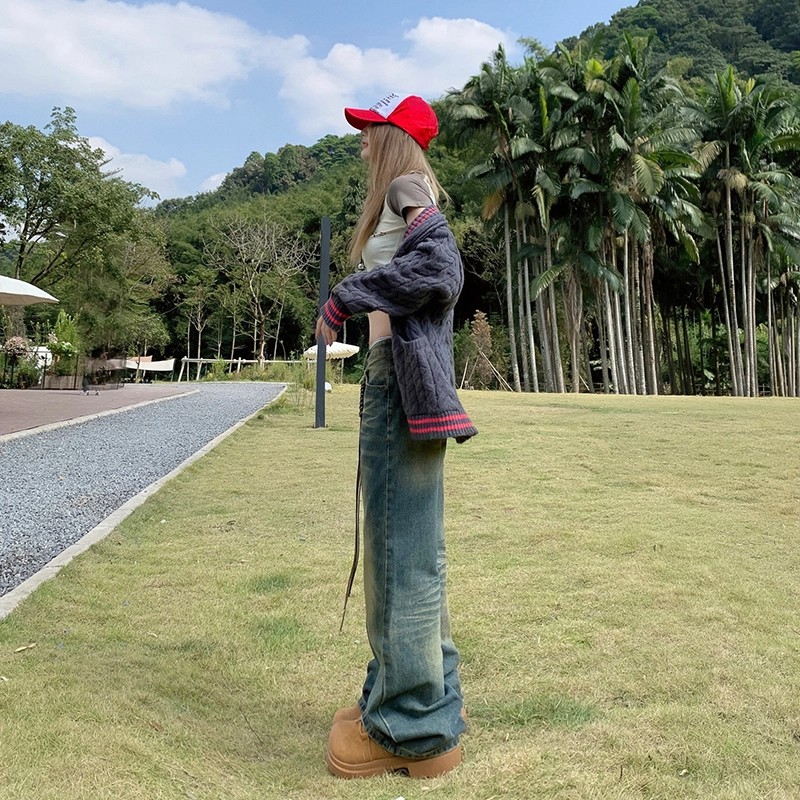 玫丝朵 美式高街直筒复古做旧宽松低腰牛仔裤 女款