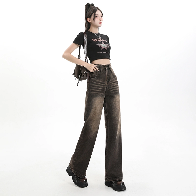 玫丝朵 复古水洗做旧高腰阔腿直筒宽松牛仔裤 女款 碳灰色