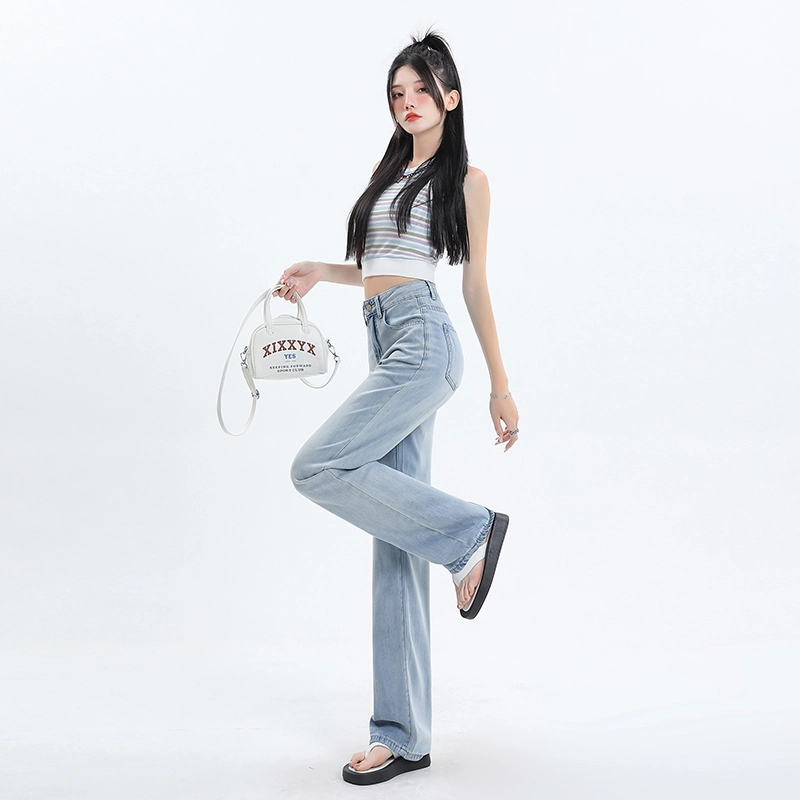 玫丝朵 薄款高腰宽松百搭阔腿垂感牛仔裤 女款