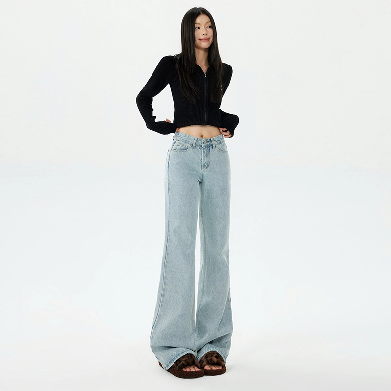 玫丝朵 复古直筒高腰宽松垂感拖地牛仔裤 女款 浅蓝色