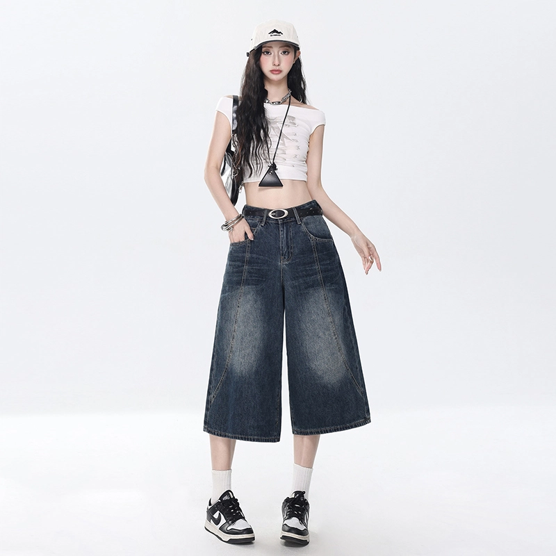 玫丝朵 美式复古高腰宽松七分直筒牛仔短裤  女款