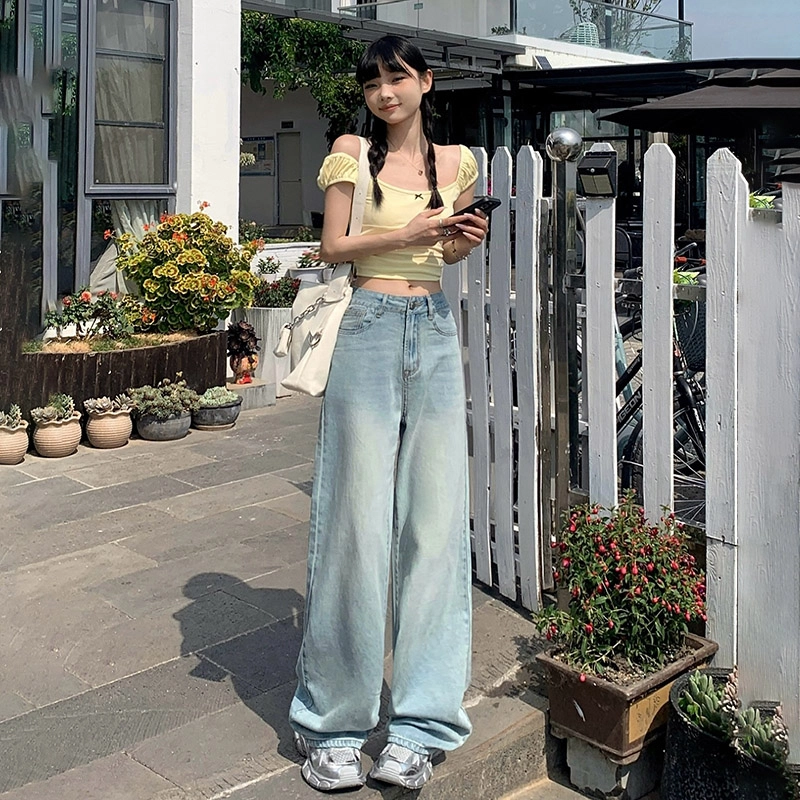 玫丝朵 美式复古做旧设计时尚简约百搭宽松直筒垂感裤子女夏季牛仔裤 女款