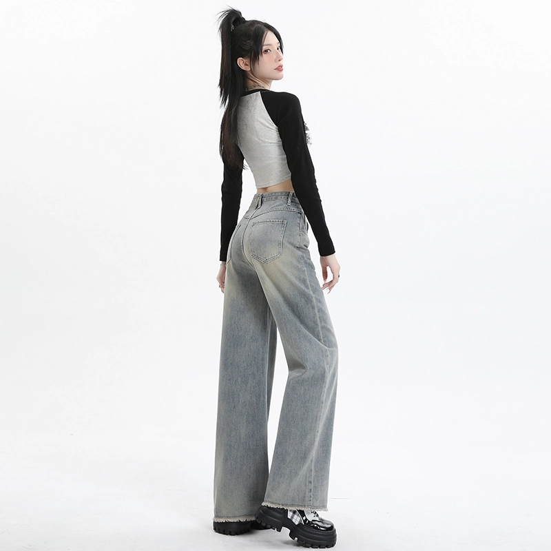 玫丝朵 复古高腰拉链宽松直筒牛仔裤 女款 怀旧蓝