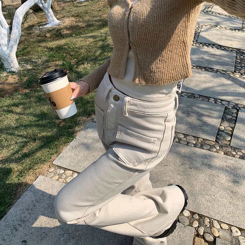 玫丝朵 高腰简约舒适纯色休闲牛仔裤 女款 杏色