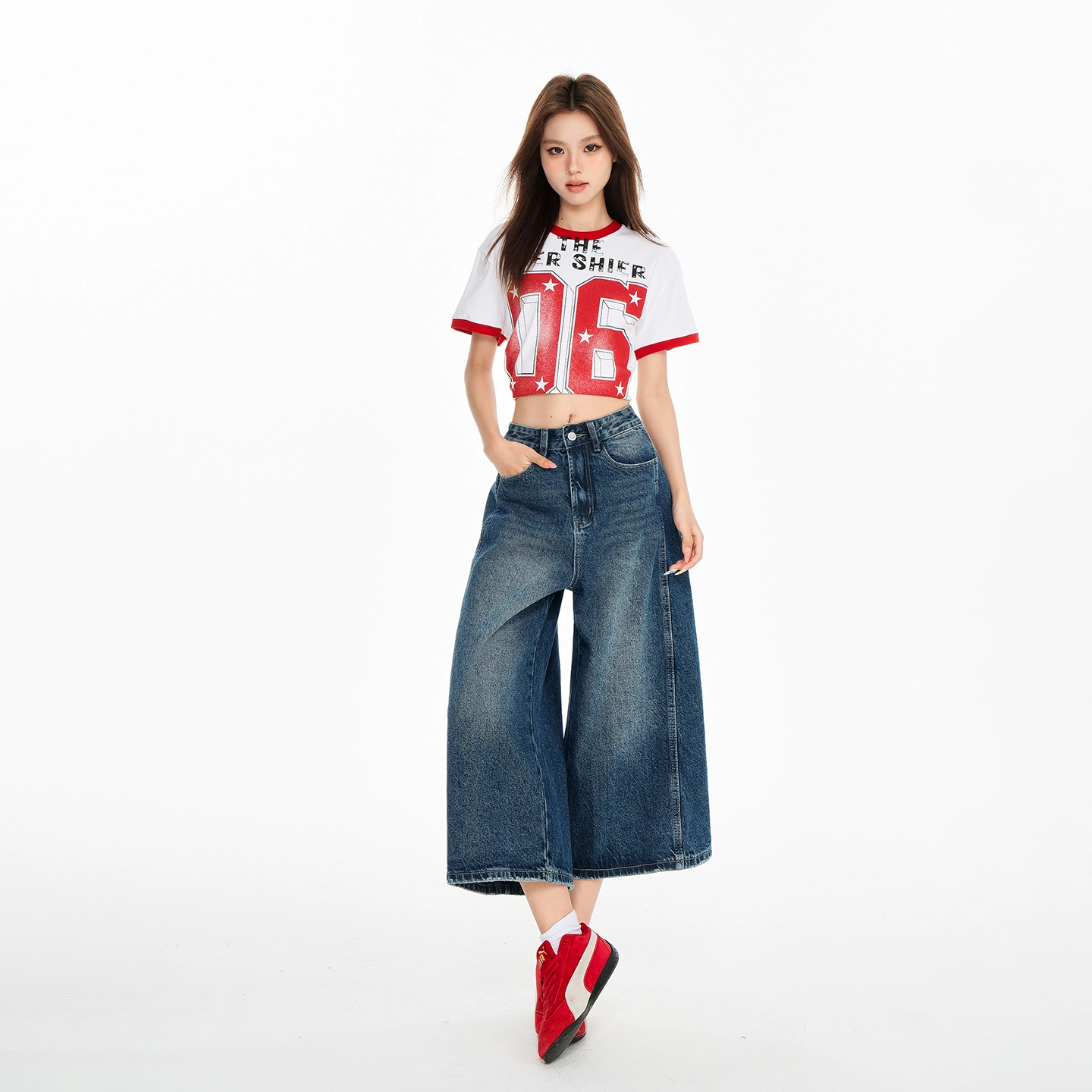 玫丝朵 美式复古做旧质感高腰宽松直筒七分牛仔短裤 女款