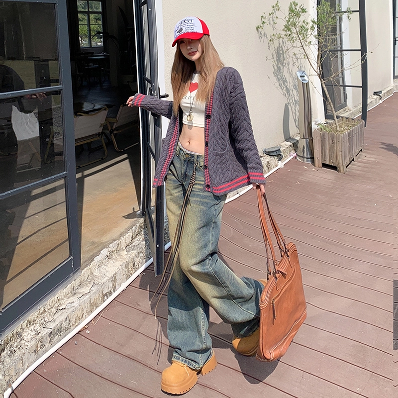玫丝朵 美式高街直筒复古做旧宽松低腰牛仔裤 女款