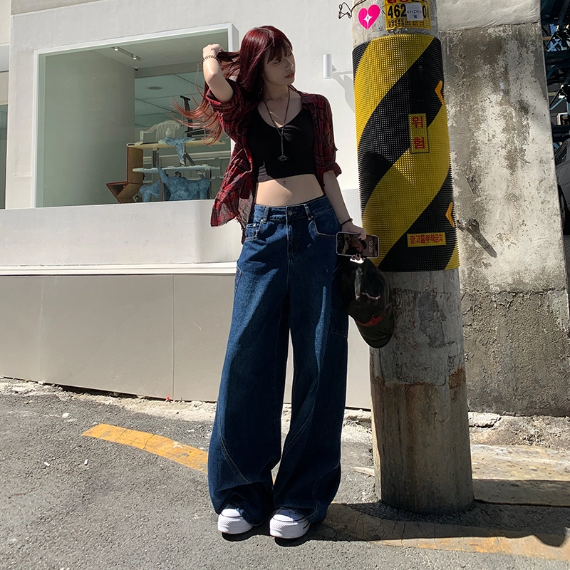 玫丝朵 日系少年感街头弯刀拼接牛仔裤 女款