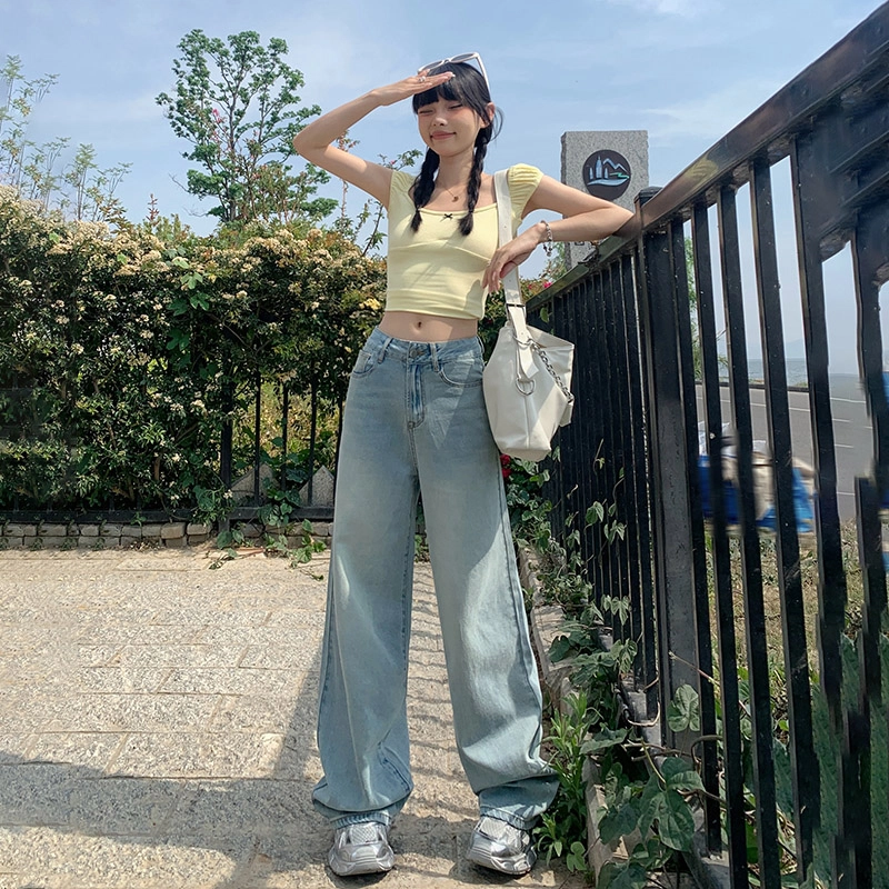 玫丝朵 美式复古做旧设计时尚简约百搭宽松直筒垂感裤子女夏季牛仔裤 女款