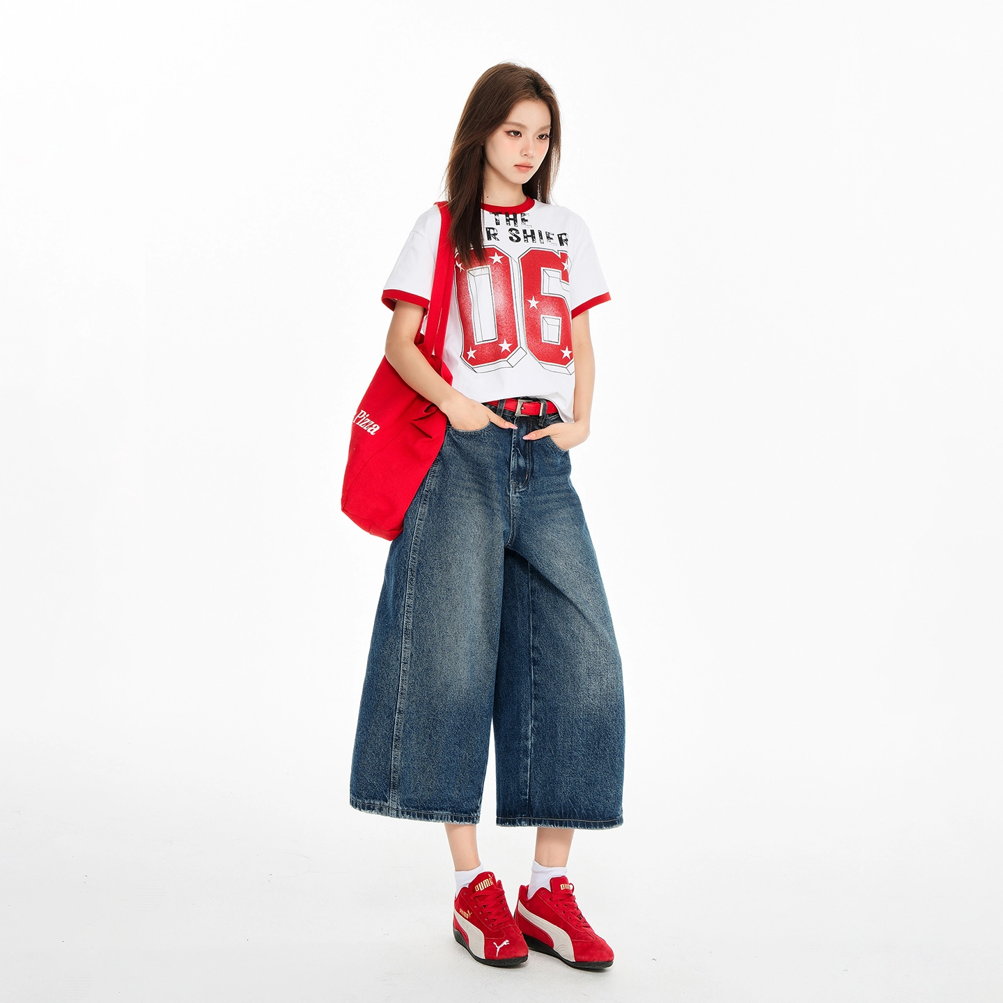 玫丝朵 美式复古做旧质感高腰宽松直筒七分牛仔短裤 女款