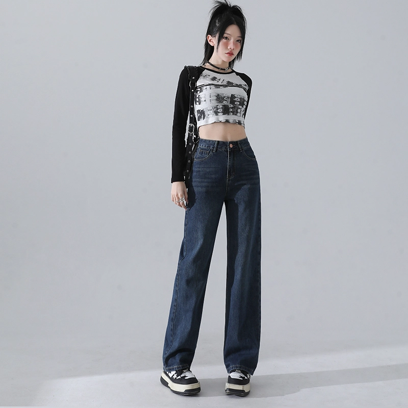 玫丝朵 美式复古做旧高腰宽松直筒阔腿牛仔裤 女款