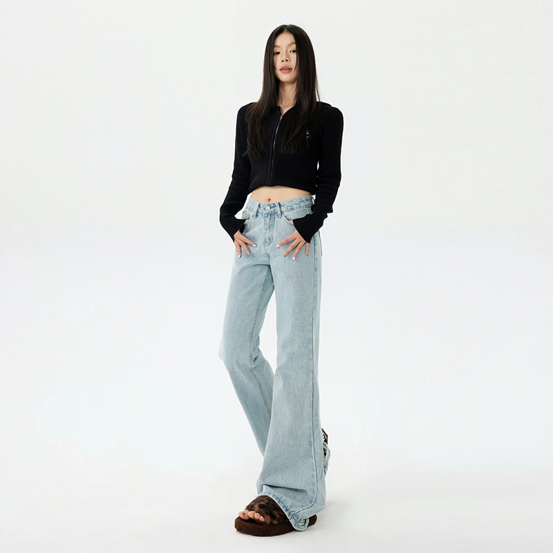 玫丝朵 复古直筒高腰宽松垂感拖地牛仔裤 女款 浅蓝色