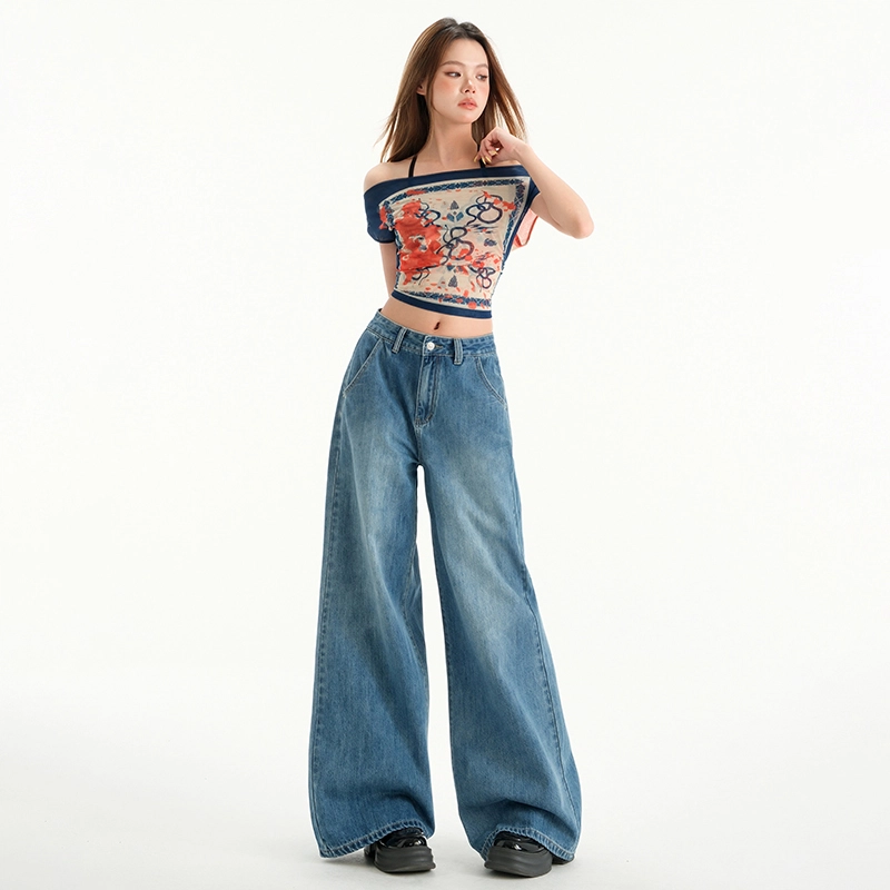 玫丝朵 常规高腰百搭时尚宽松阔腿裤牛仔裤 女款