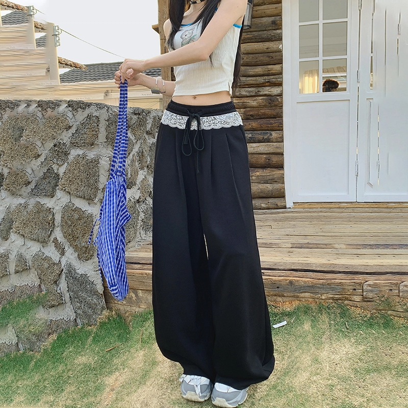 玫丝朵 复古气质蕾丝花边拼接撞色设计高级垂感抽绳慵懒风休闲裤 女款