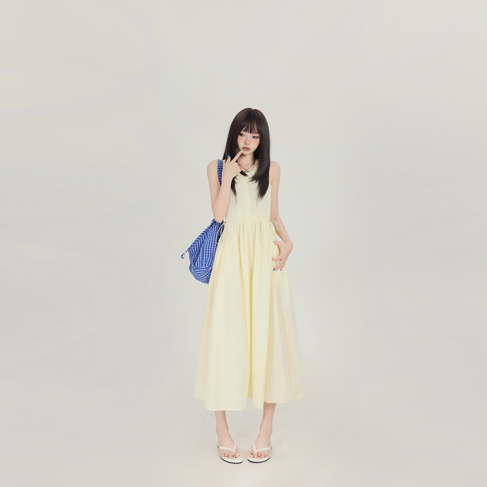玫丝朵 法式优雅褶皱气质收腰显瘦圆领吊带连衣裙 女款 黄色