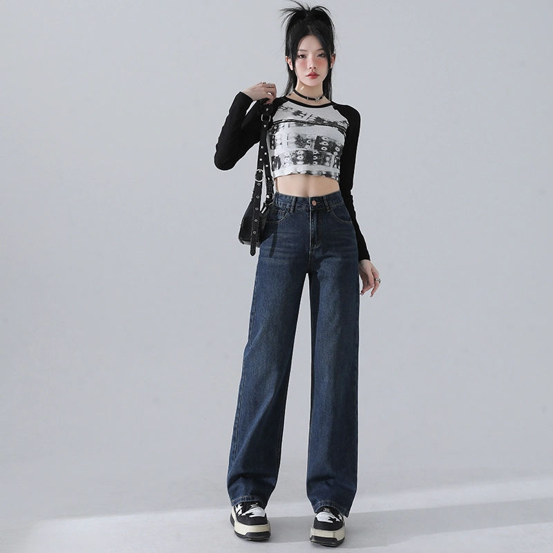 玫丝朵 美式复古做旧高腰宽松直筒阔腿牛仔裤 女款