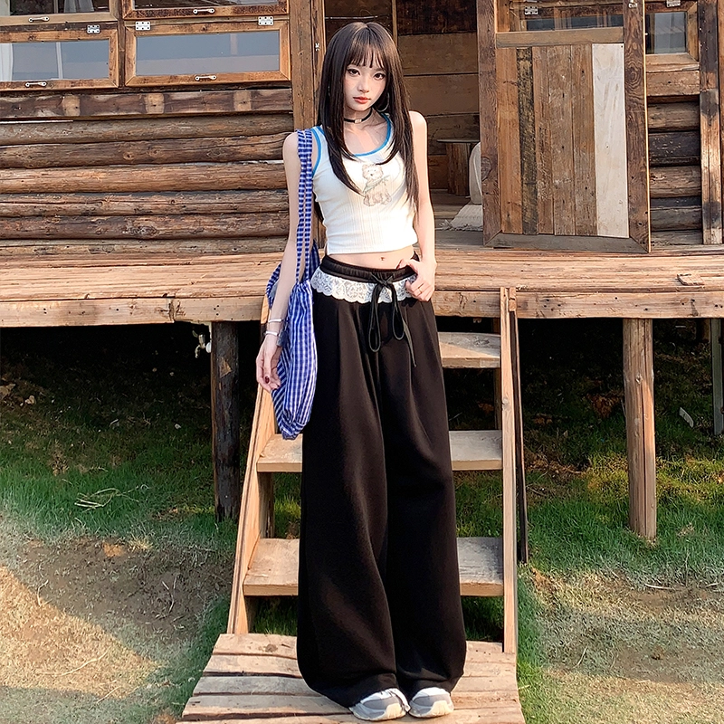 玫丝朵 复古气质蕾丝花边拼接撞色设计高级垂感抽绳慵懒风休闲裤 女款