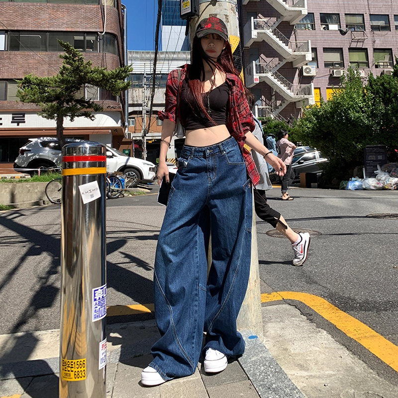 玫丝朵 日系少年感街头弯刀拼接牛仔裤 女款