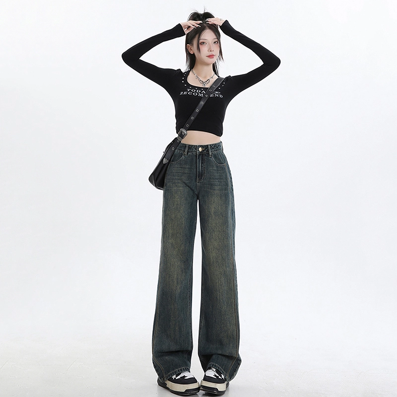 玫丝朵 美式复古百搭高腰宽松阔腿长裤牛仔裤 女款 洗水黄
