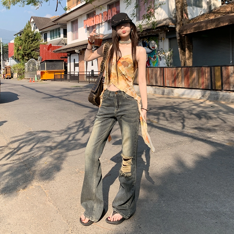 玫丝朵 美式复古酷飒破洞流苏设计时尚百搭喇叭牛仔裤 女款