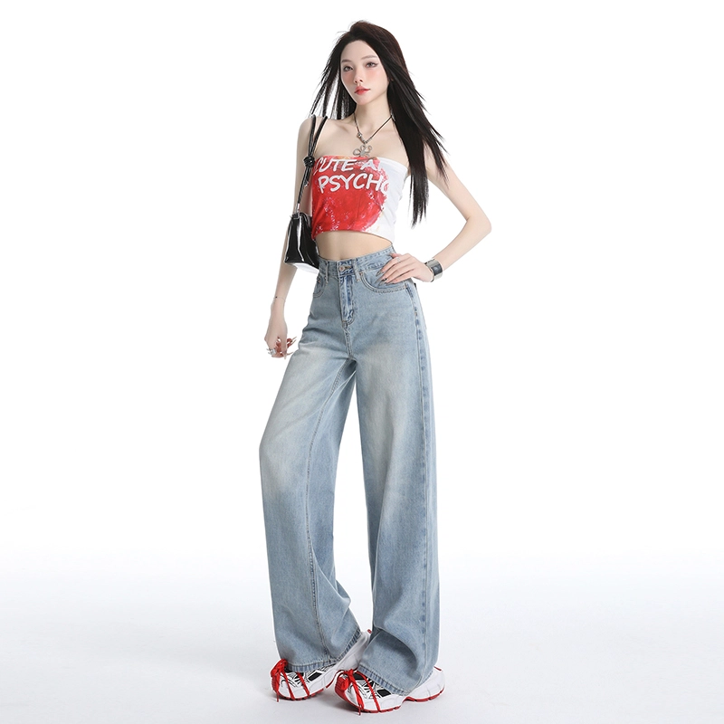 玫丝朵 美式复古直筒高腰宽松牛仔裤 女款