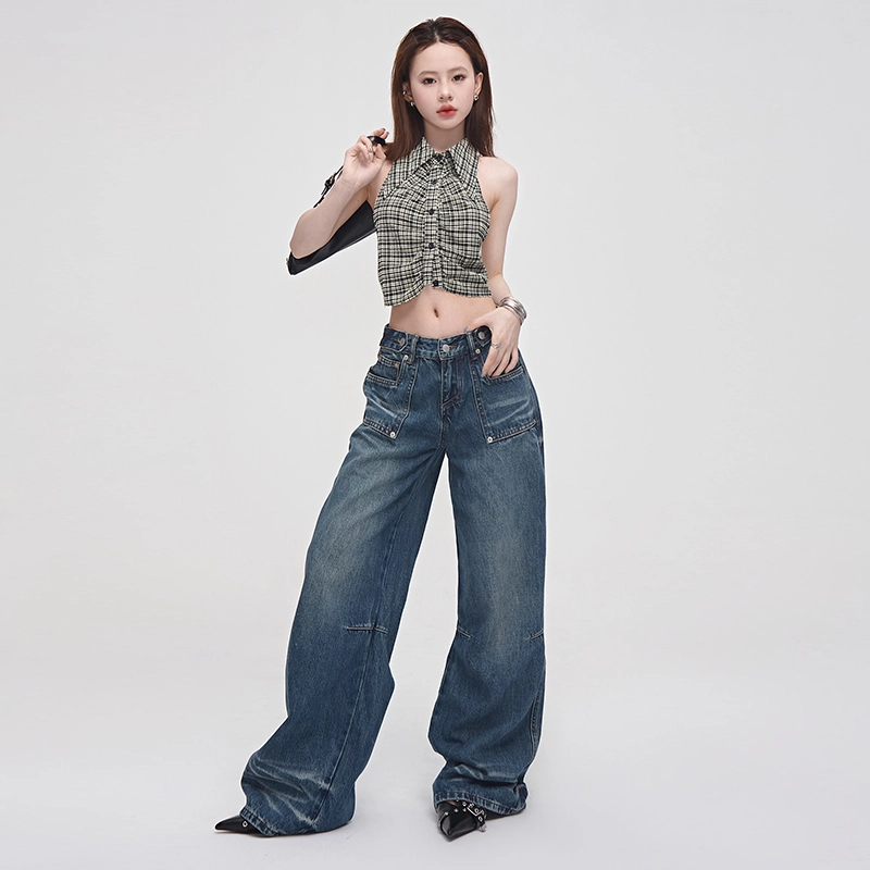 玫丝朵 复古水洗高腰牛仔裤 女款 波浪蓝