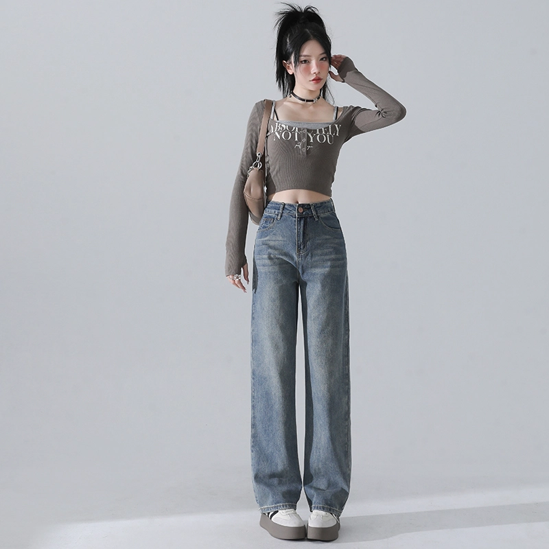 玫丝朵 美式复古做旧高腰宽松直筒阔腿牛仔裤 女款