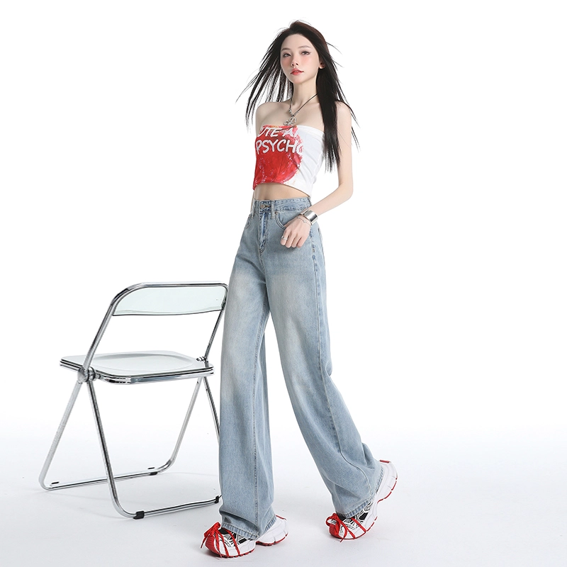 玫丝朵 美式复古直筒高腰宽松牛仔裤 女款