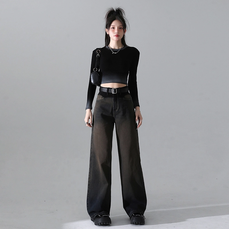 玫丝朵 美式复古高腰宽松直筒水洗做旧牛仔裤 女款 灰咖色