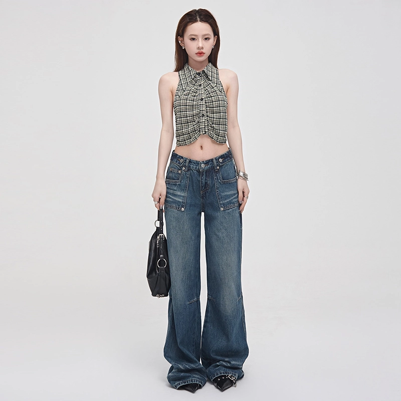 玫丝朵 复古水洗高腰牛仔裤 女款 波浪蓝