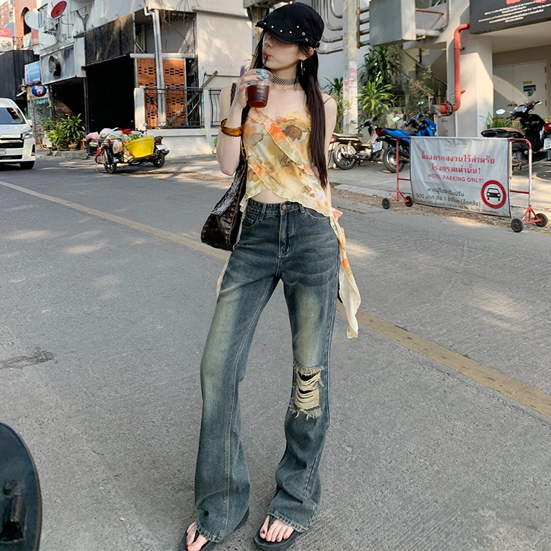 玫丝朵 美式复古酷飒破洞流苏设计时尚百搭喇叭牛仔裤 女款