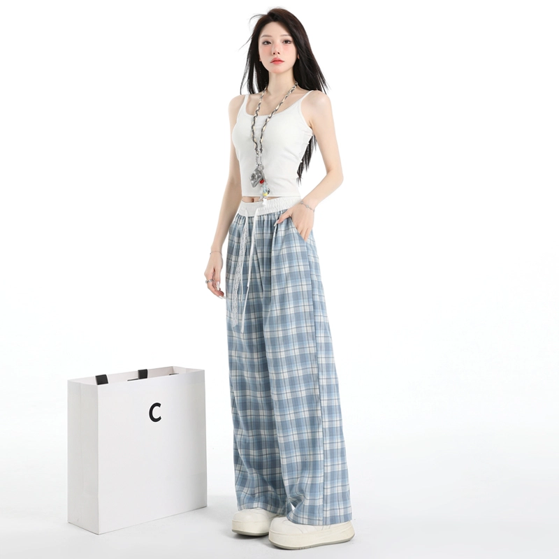 玫丝朵 美式新潮简约纹格设计松紧高腰宽松阔腿休闲裤 女款