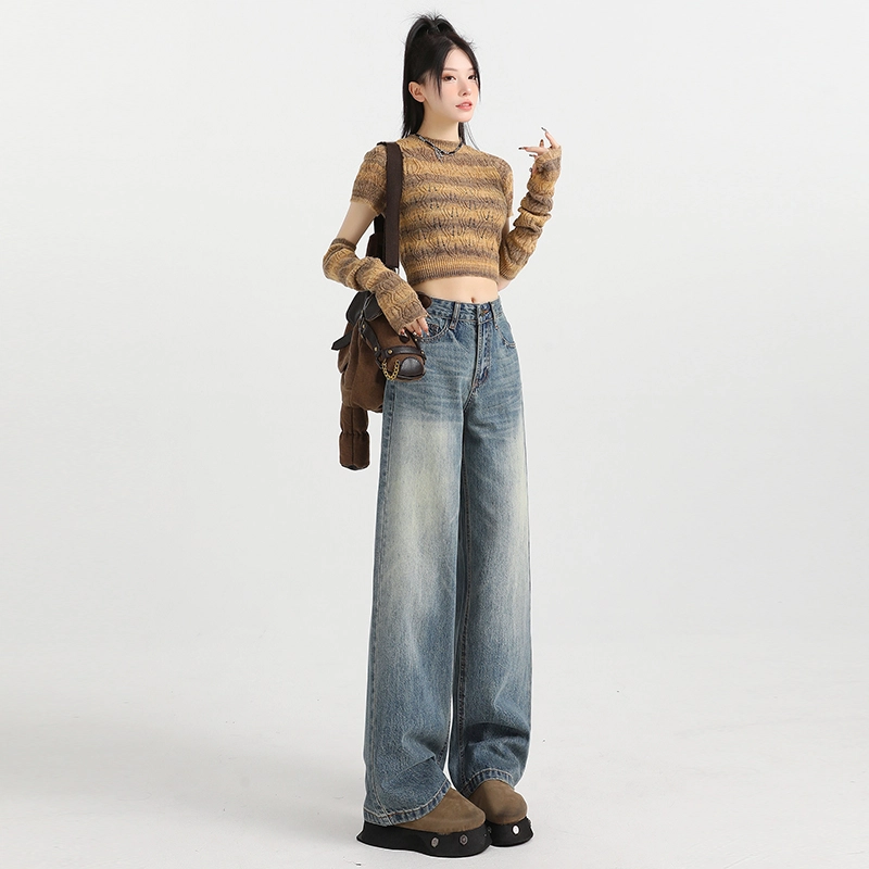 玫丝朵 水洗做旧高腰宽松阔腿牛仔裤 女款 复古蓝