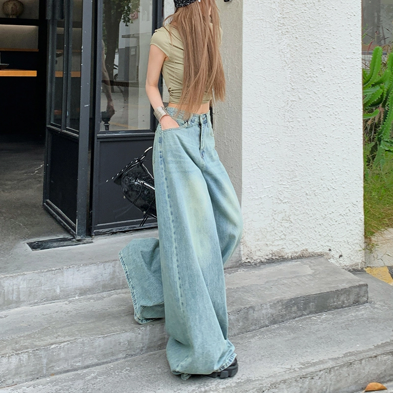 玫丝朵 高腰宽松阔腿设计感休闲百搭拖地牛仔裤 女款 复古甸蓝