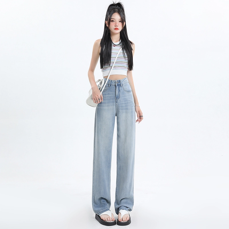 玫丝朵 薄款高腰宽松百搭阔腿垂感牛仔裤 女款