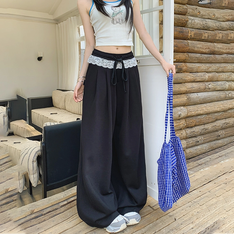 玫丝朵 复古气质蕾丝花边拼接撞色设计高级垂感抽绳慵懒风休闲裤 女款