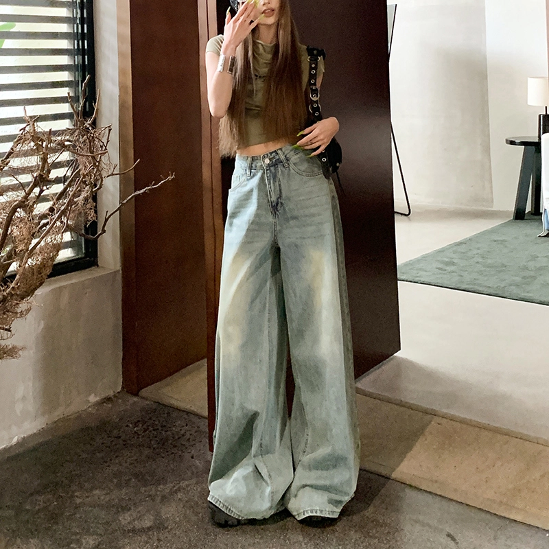 玫丝朵 高腰宽松阔腿设计感休闲百搭拖地牛仔裤 女款 复古甸蓝