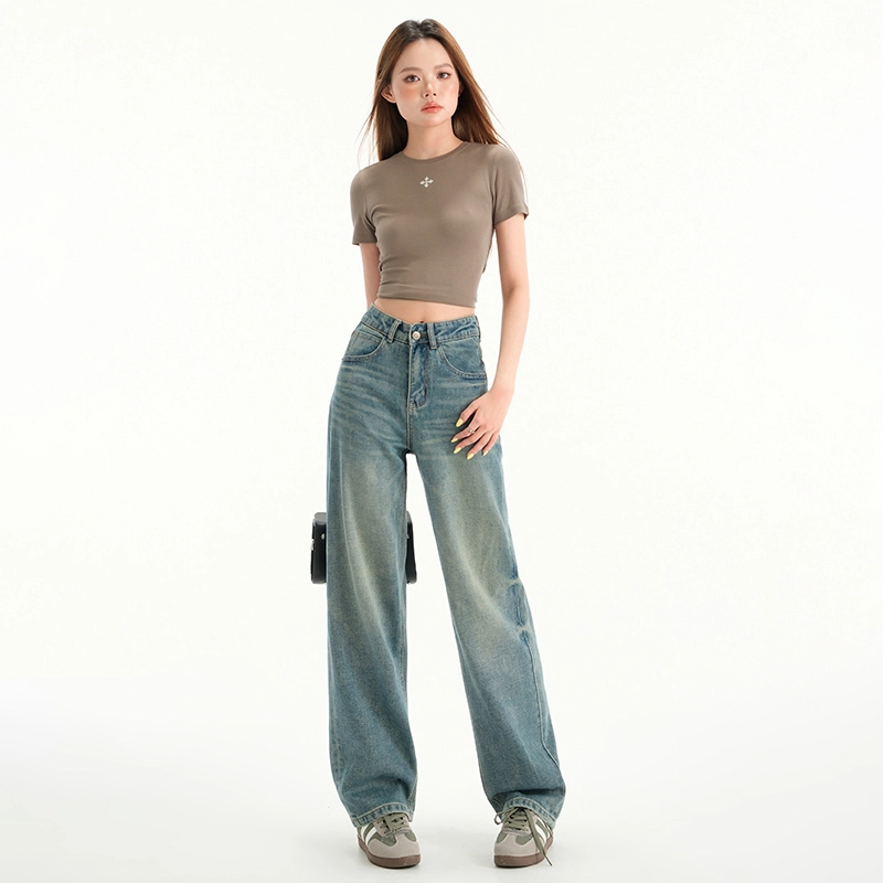 玫丝朵 美式复古怀旧高腰宽松舒适直筒牛仔裤 女款