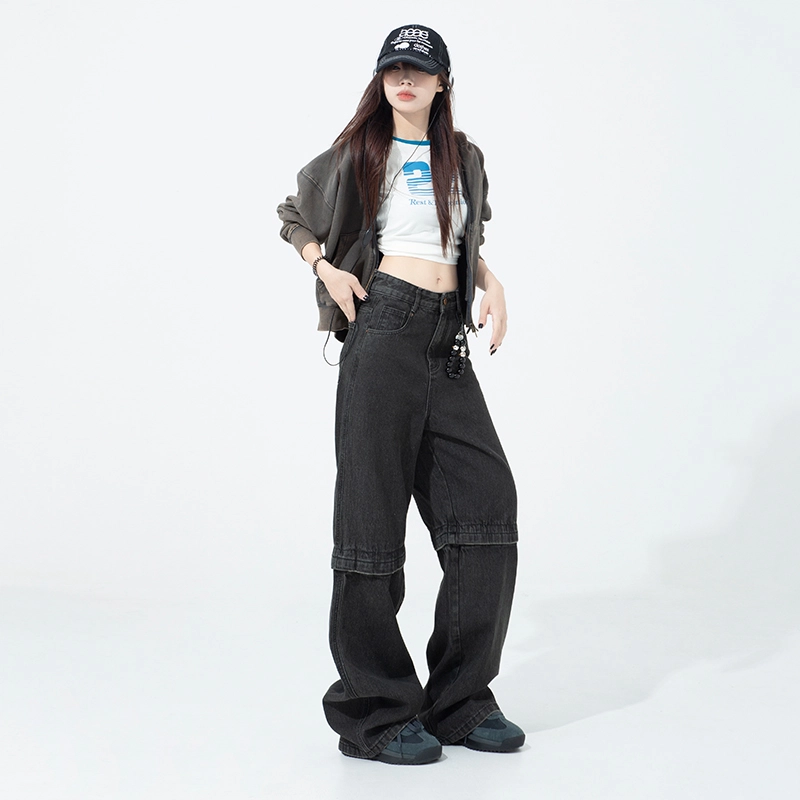 玫丝朵 美式街头休闲风可拆卸铆钉设计百搭宽松直筒牛仔裤 女款 黑色